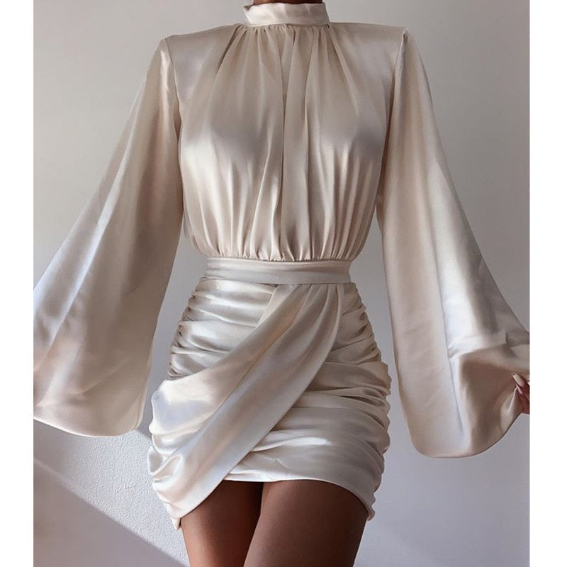 Shiny Wrap Long Sleeve Ruffles Bandage Dresses