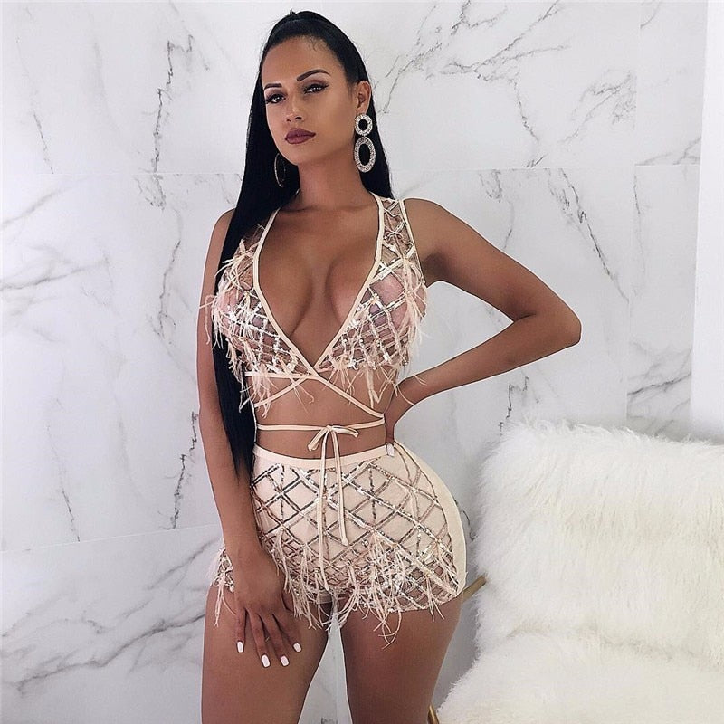 Feather Tassel Sequin Deep V Two Piece Rompers