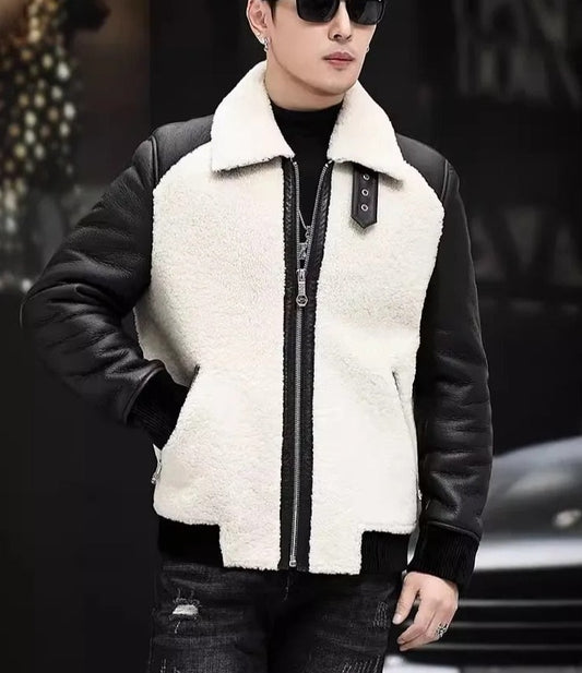 Genuine Leather Shearling Bomber Real Fur White & Black