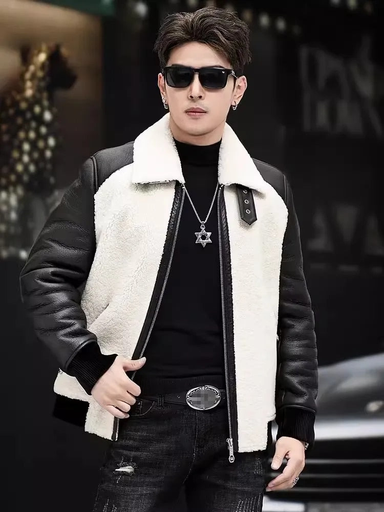 Genuine Leather Shearling Bomber Real Fur White & Black