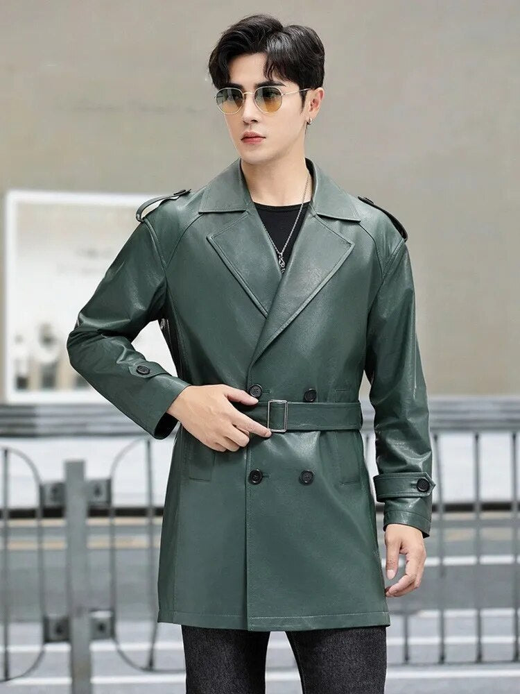 Genuine Leather Mid Trench Coat Double Breasted
