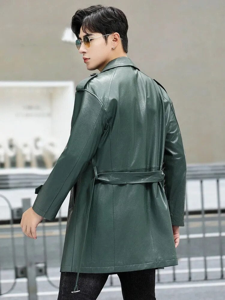 Genuine Leather Mid Trench Coat Double Breasted