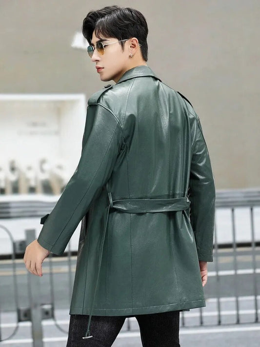 Genuine Leather Mid Trench Coat Double Breasted