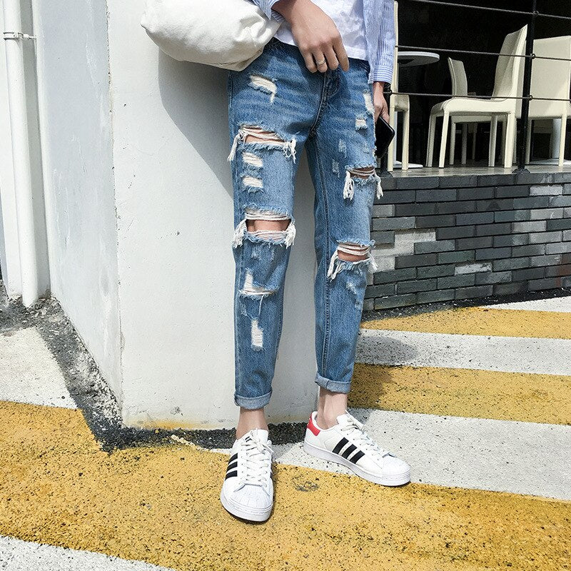 Distressed Ripped Harem Ankle-Length Jeans