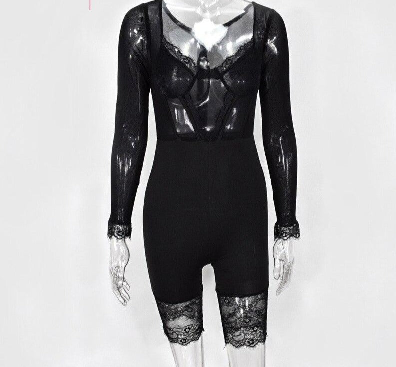 Hollow Out Lace Mesh Splice Rompers