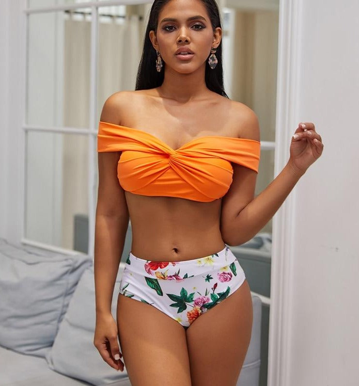 Orange Twist Off Shoulder High Waist Floral Print Bikini Set