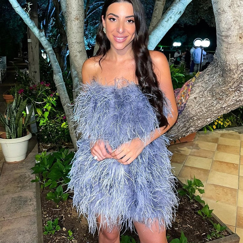 Ostrich Feather Tube Mini Dresses