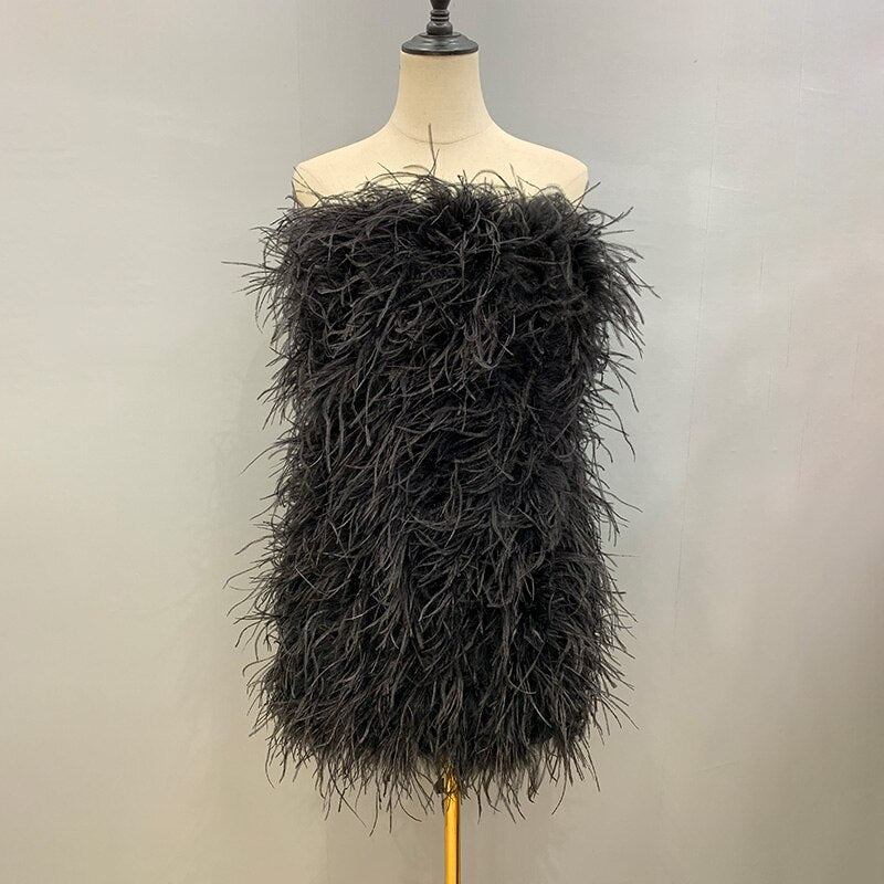 Ostrich Feather Tube Mini Dresses