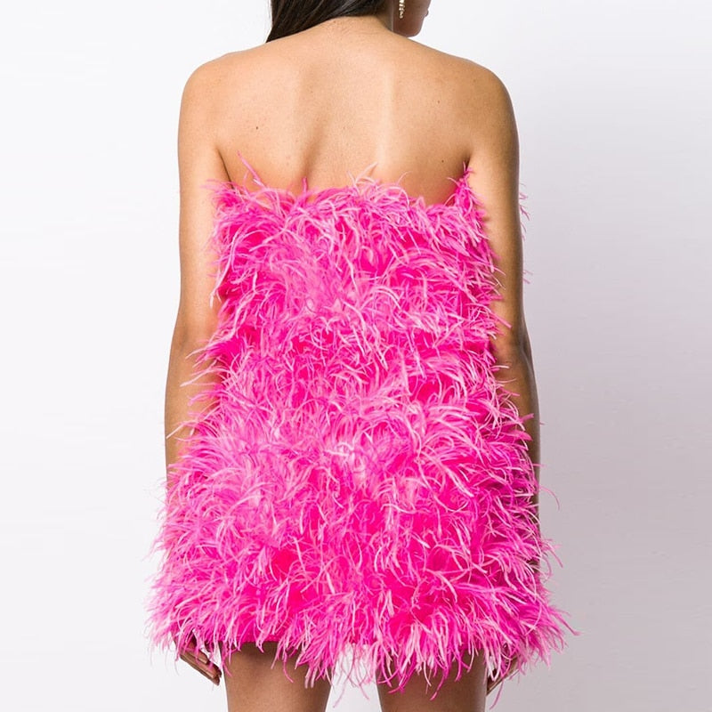 Ostrich Feather Tube Mini Dresses