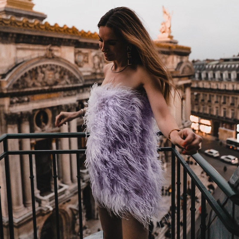 Ostrich Feather Tube Mini Dresses