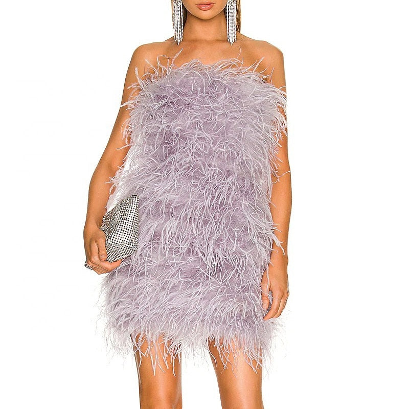 Ostrich Feather Tube Mini Dresses