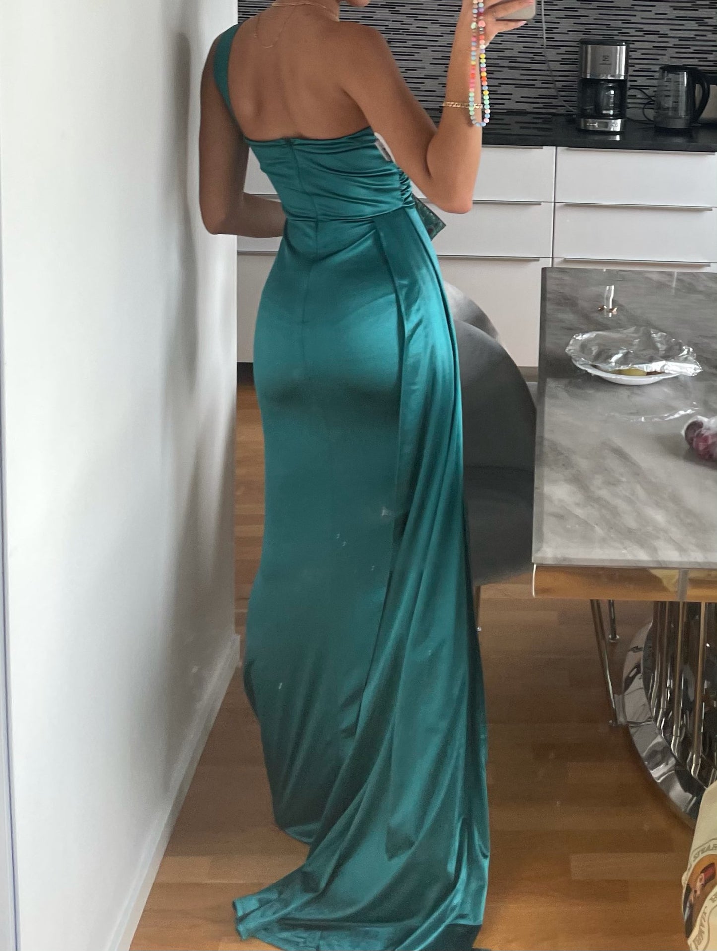 One Shoulder Satin Draped Maxi Dresses