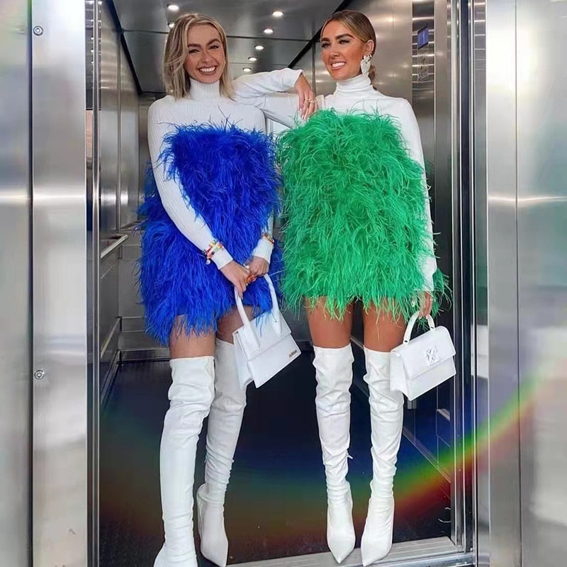 Ostrich Feather Tube Mini Dresses