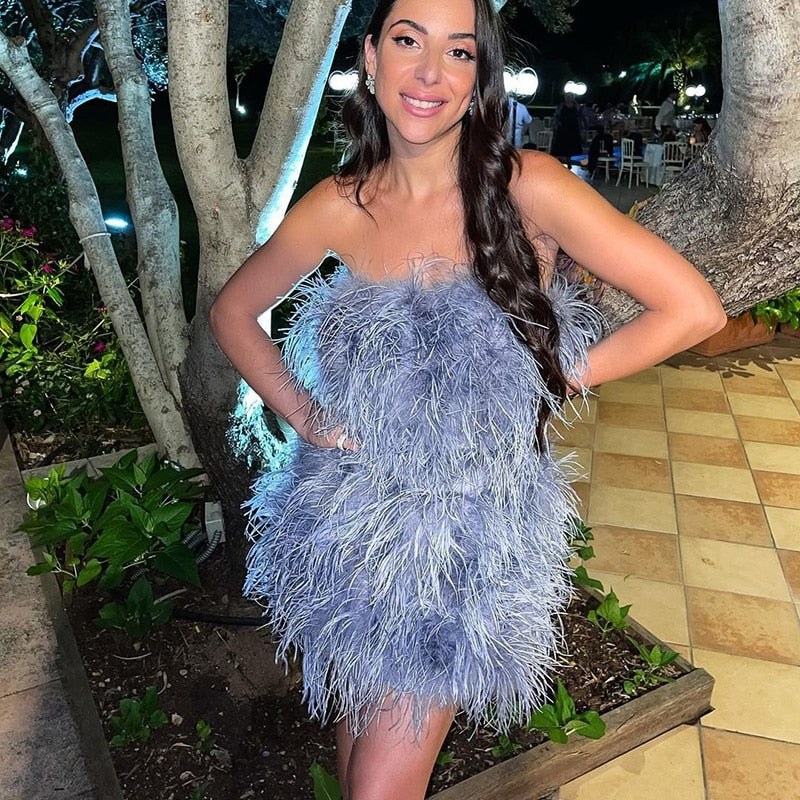 Ostrich Feather Tube Mini Dresses