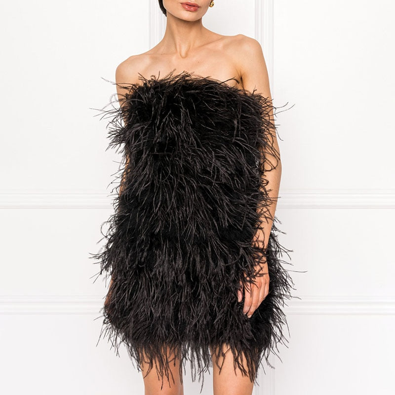 Ostrich Feather Tube Mini Dresses