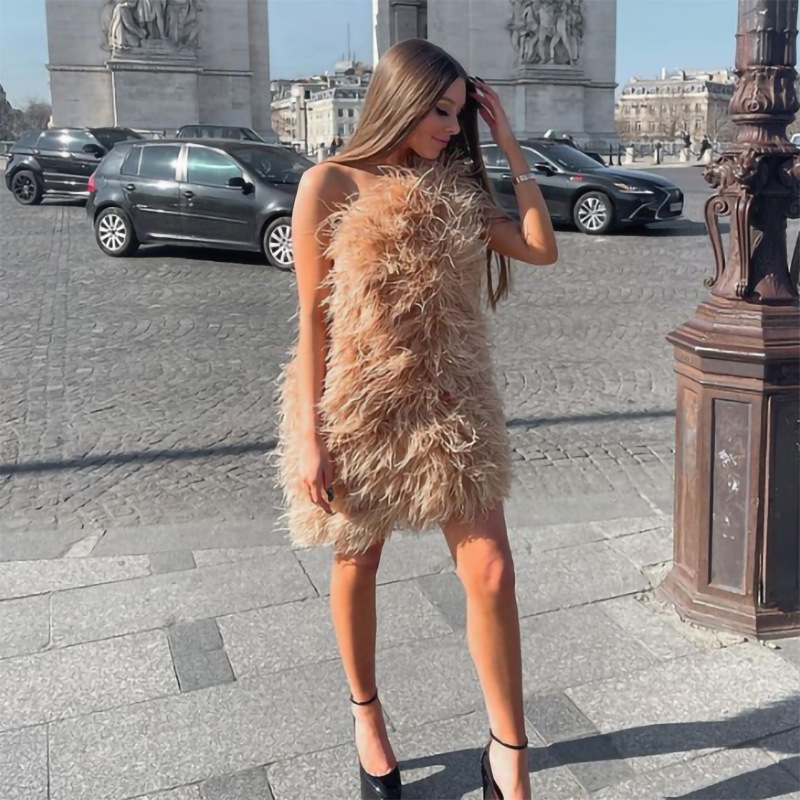 Ostrich Feather Tube Mini Dresses