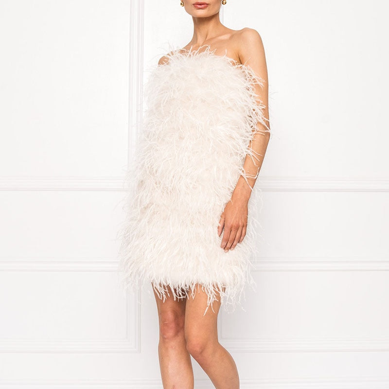 Ostrich Feather Tube Mini Dresses