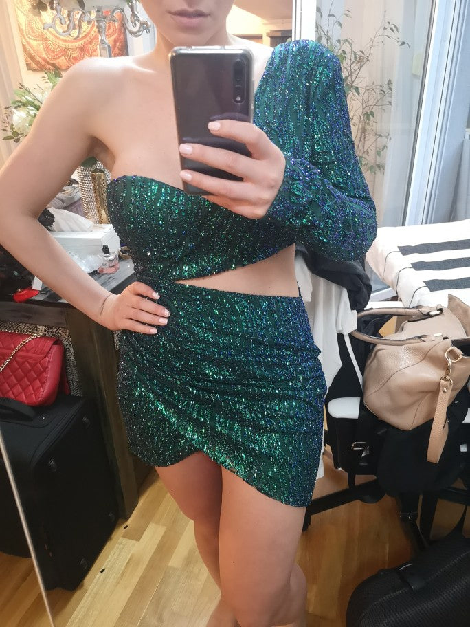 Cut Out Single Sleeve Glitter Bodycon Mini Dresses