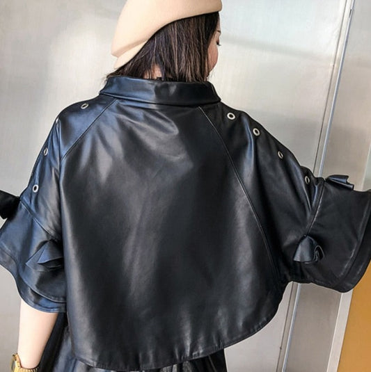 Genuine Leather Batwing Short Sleeve Crop Oversized Pullover