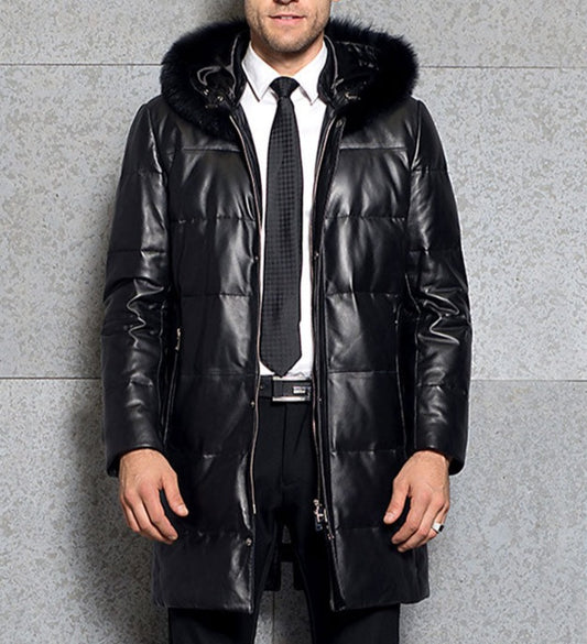 Genuine Leather Long Coat Duck Down Fur Hood