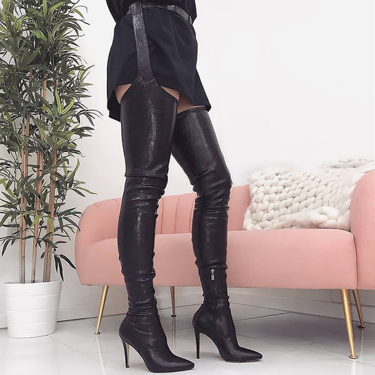 PU LEATHER WAIST BELT MID-THIGH HIGH HEEL BOOTS