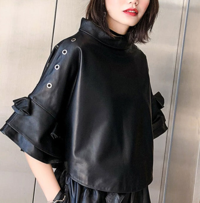 Genuine Leather Batwing Short Sleeve Crop Oversized Pullover