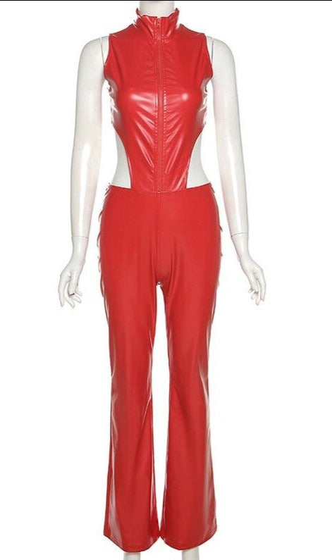 Red PU Leather Hollow Ribs Backless Flare Jumpsuit