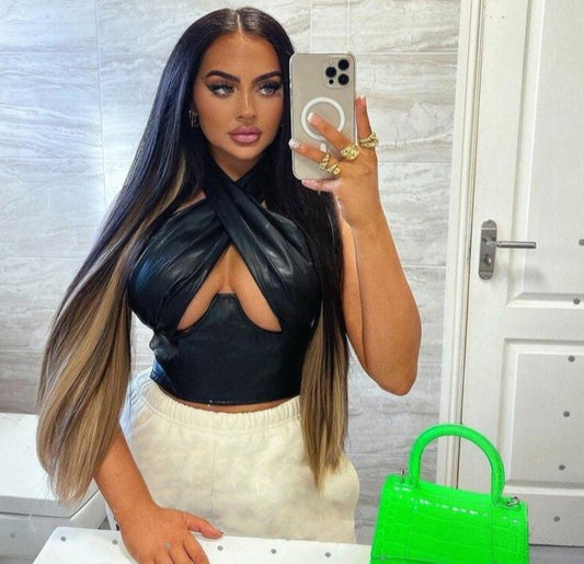 PU Leather Hollow Cross Crop Top