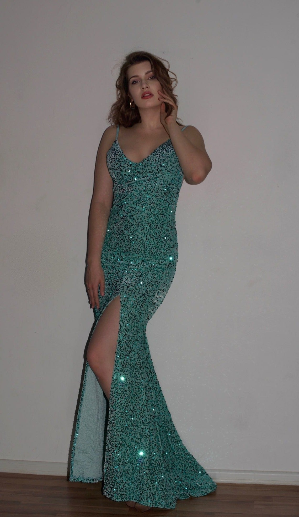 V Backless Sequin Mermaid Split Maxi Dresses