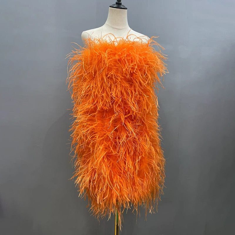 Ostrich Feather Tube Mini Dresses