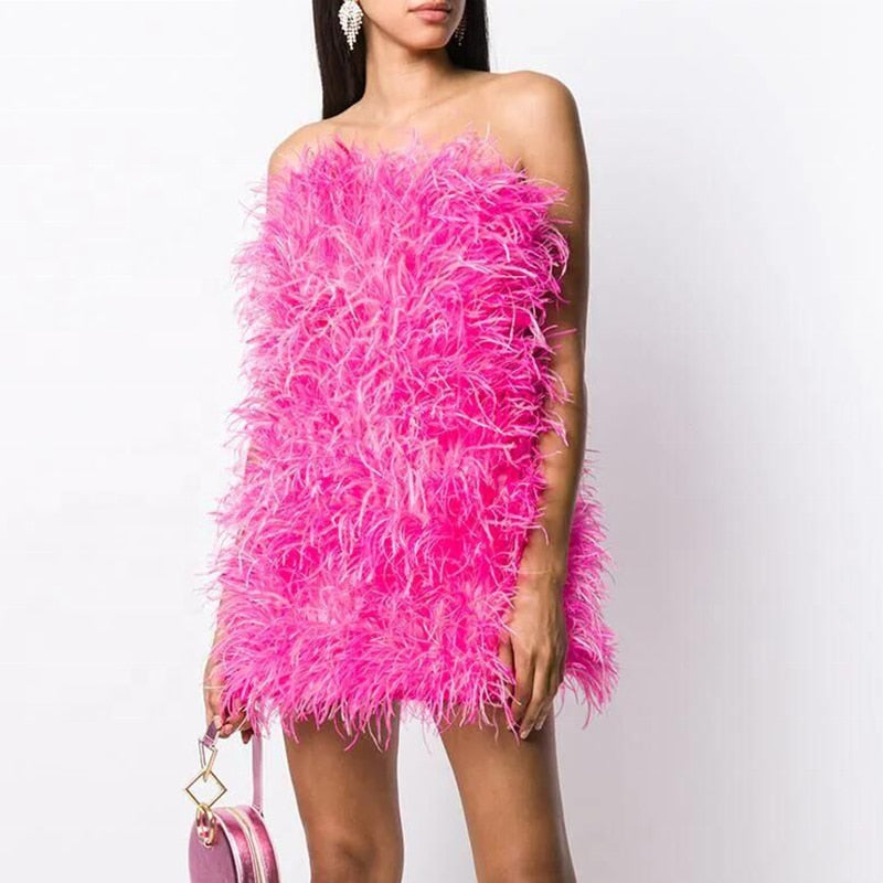 Ostrich Feather Tube Mini Dresses