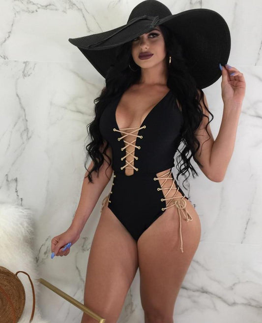 Side Waist Tie Lace Up Hollow One Piece Swimsuits