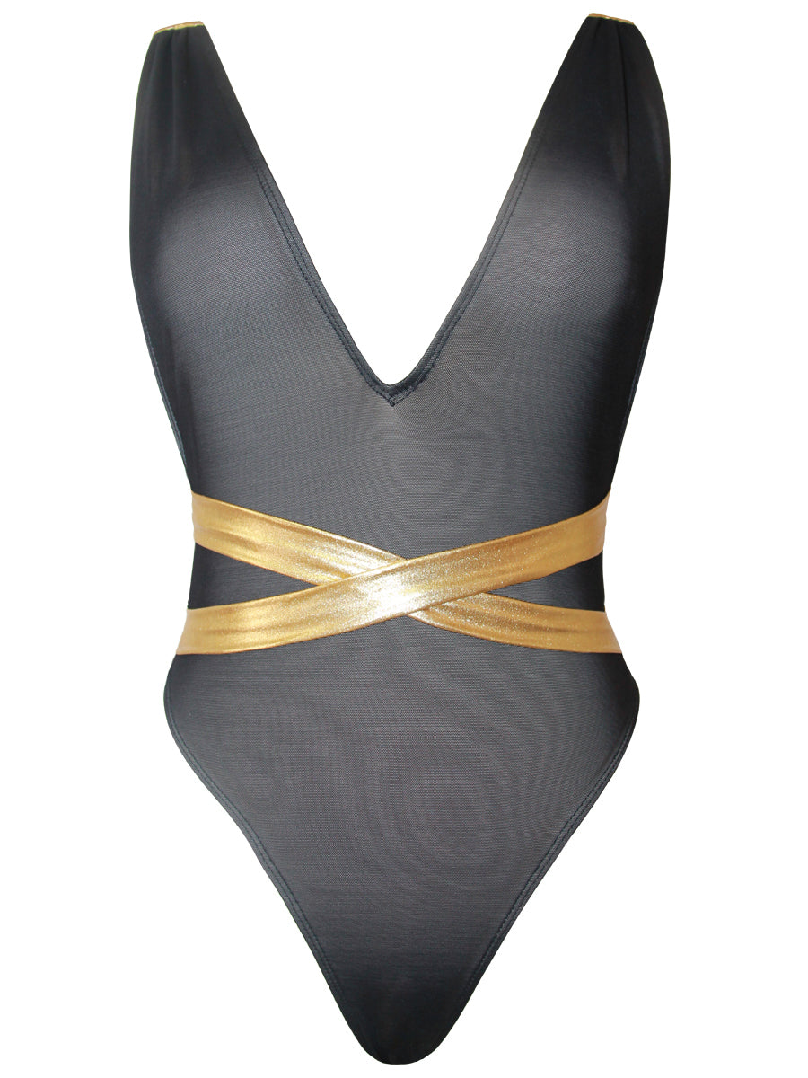 Gold Bondage V Neck High Cut One Pieces