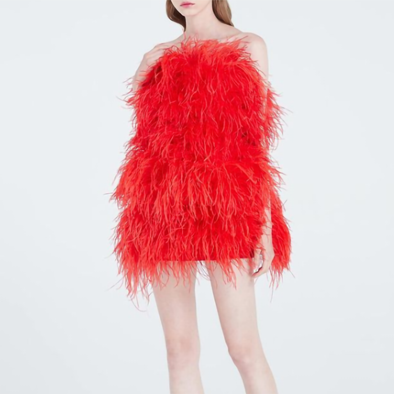 Ostrich Feather Tube Mini Dresses