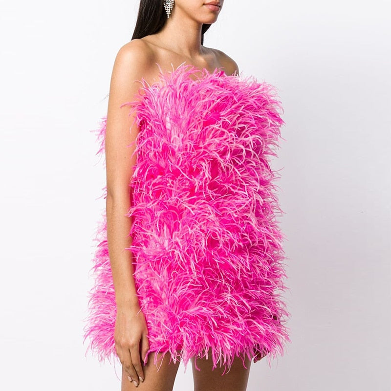 Ostrich Feather Tube Mini Dresses