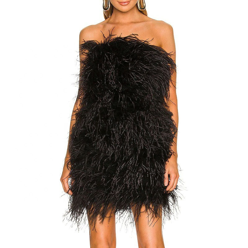 Ostrich Feather Tube Mini Dresses