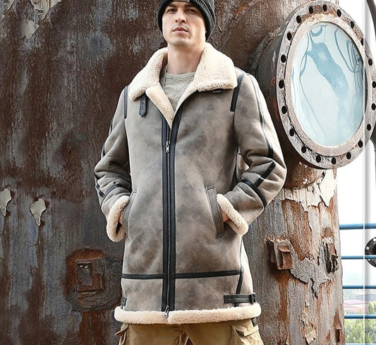 Genuine Leather Sheepskin Stone Brown Slim Fur Coats