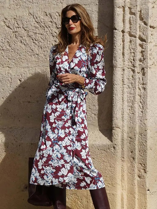 Floral Print Robe Long Sleeve Maxi Dress