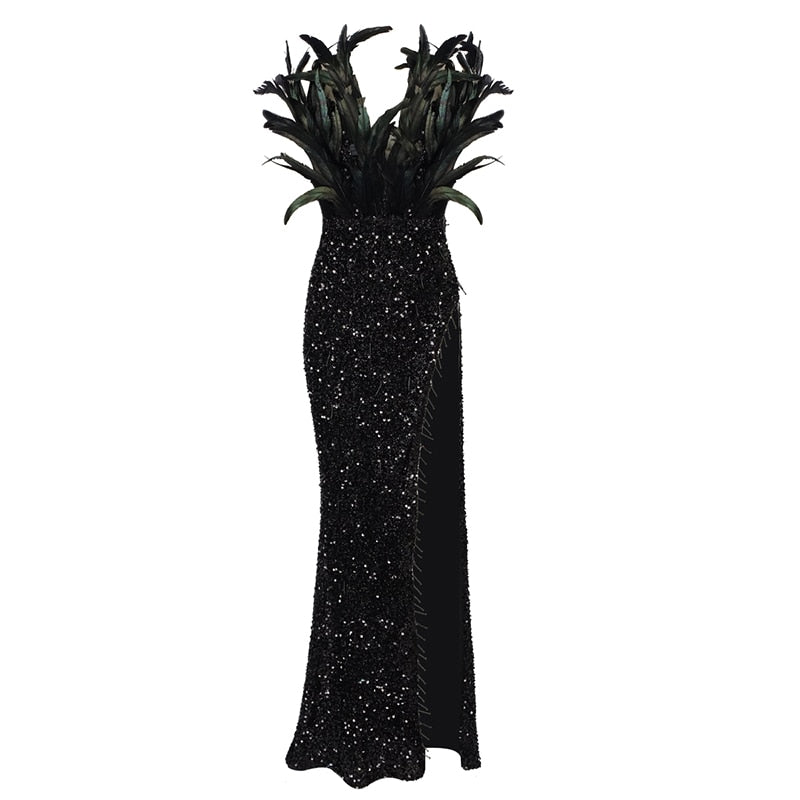 Deep V Feather Sequin Sleeveless Slit Long Dress