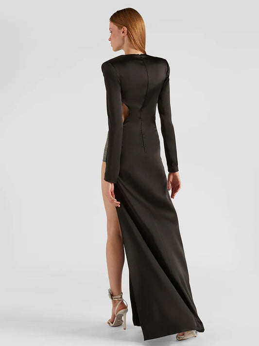 Black Hollow V & Ribs Long Sleeve Maxi Dress