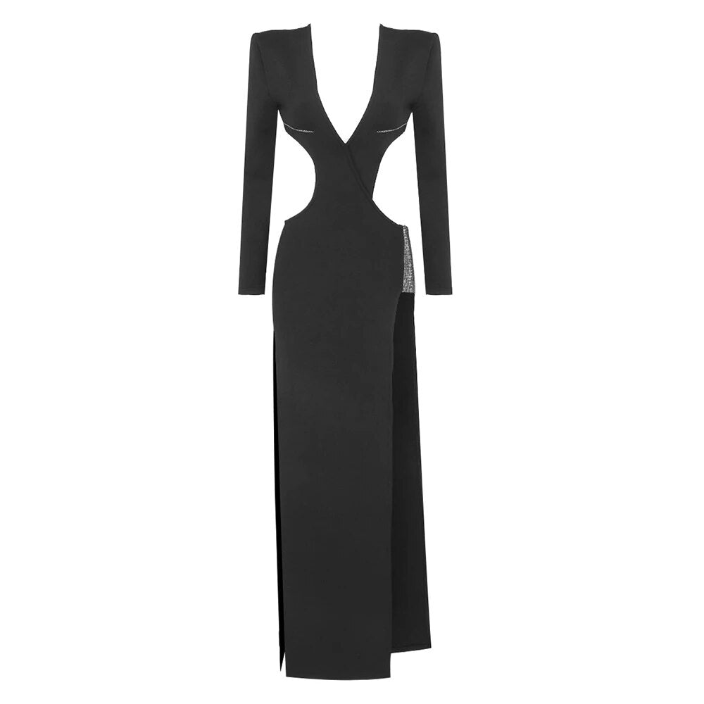 Black Hollow V & Ribs Long Sleeve Maxi Dress