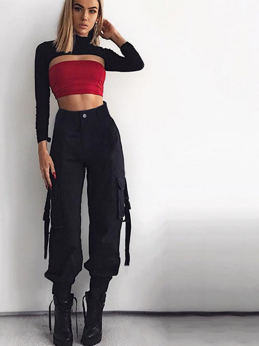 Black High Waist Loose Side Strap Cargo Pants