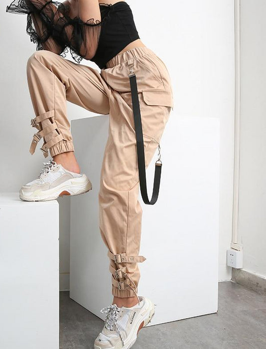 High Waist Side Strap Ankle Straps Loose Cargo Pants