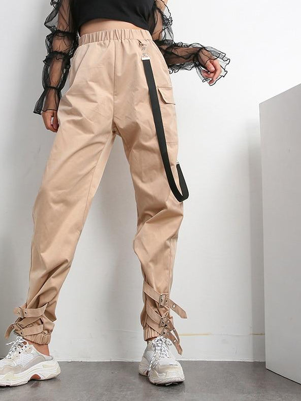 High Waist Side Strap Ankle Straps Loose Cargo Pants