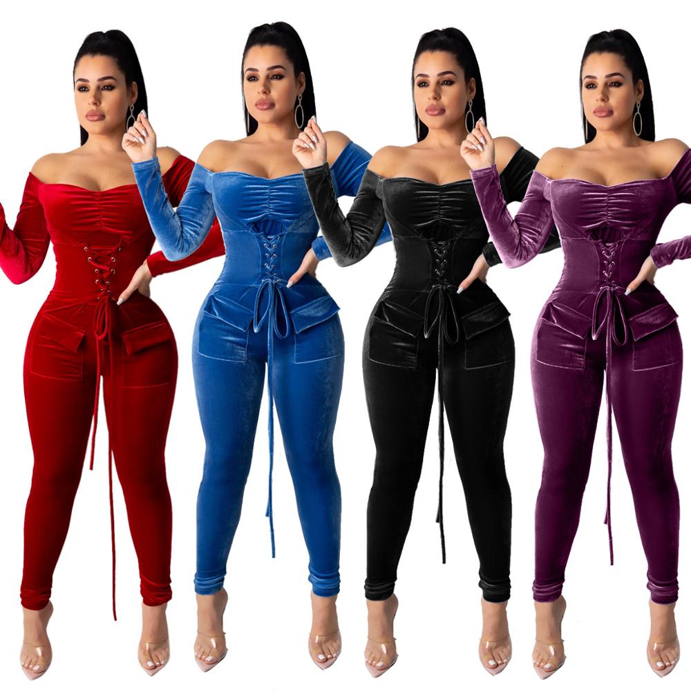 Velvet Off Shoulder Long Sleeve Jumpsuits