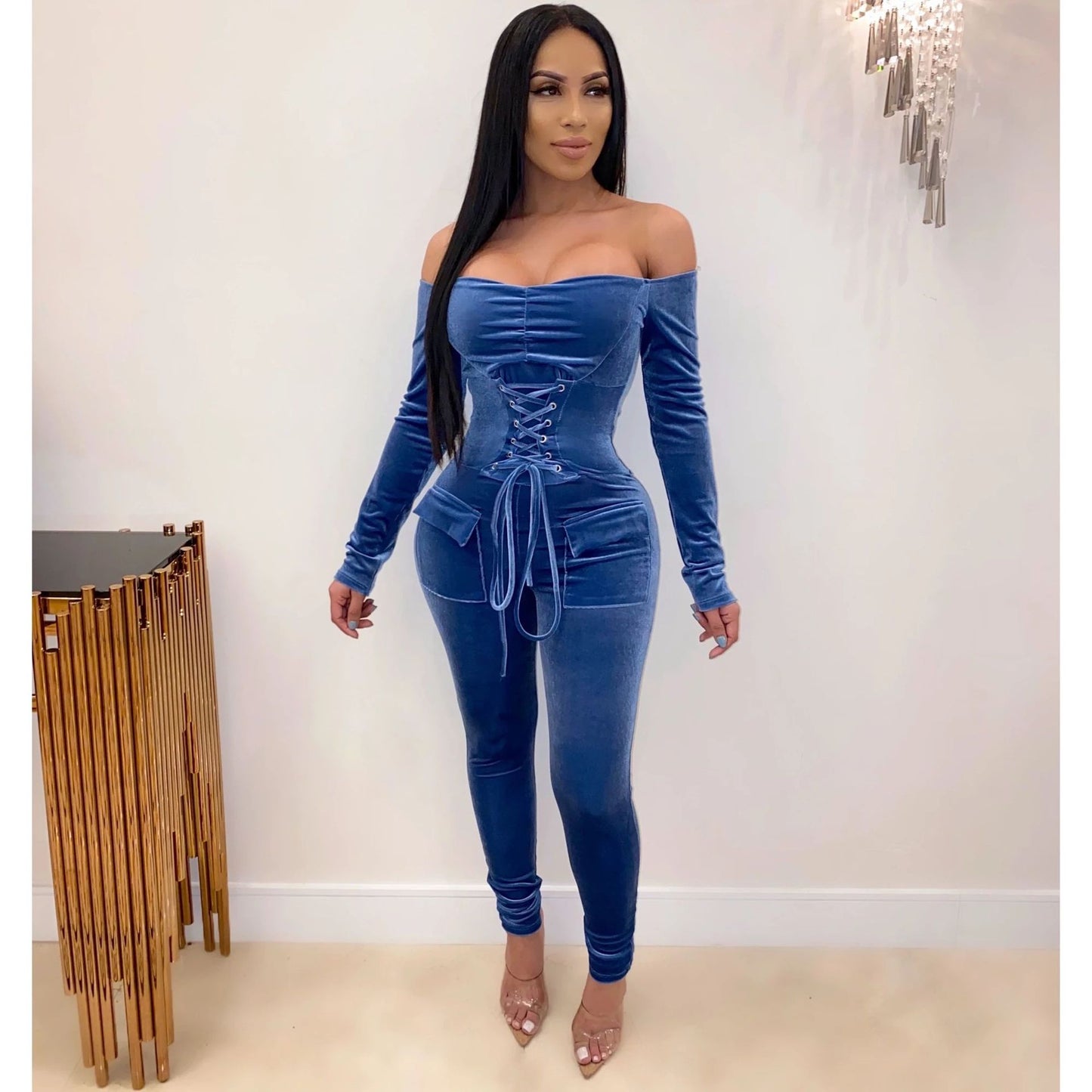 Velvet Off Shoulder Long Sleeve Jumpsuits