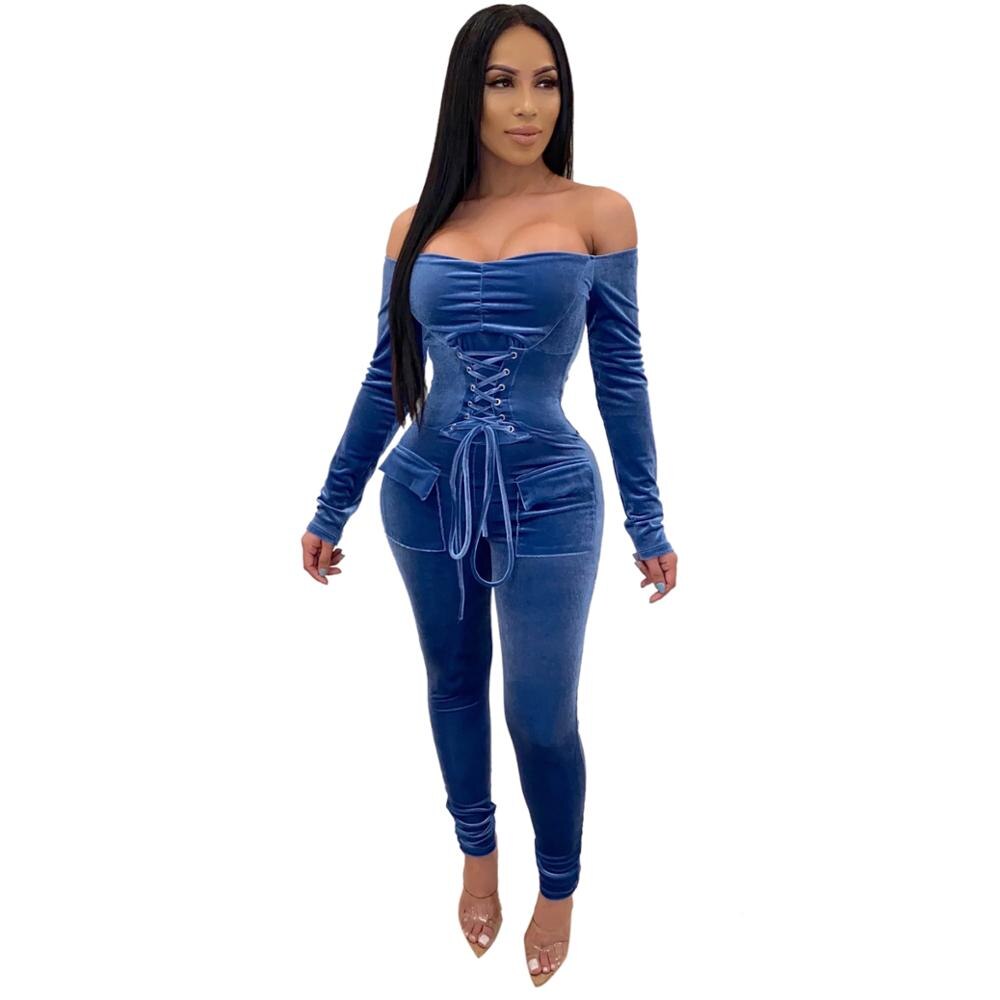 Velvet Off Shoulder Long Sleeve Jumpsuits