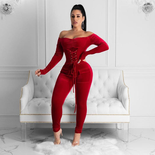 Velvet Off Shoulder Long Sleeve Jumpsuits