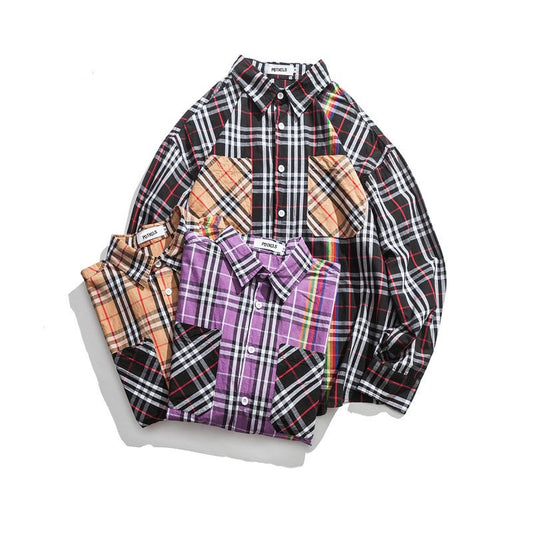 Mix Plaid Pocket Long Sleeve Button-ups