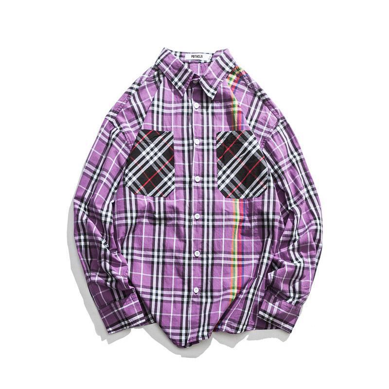 Mix Plaid Pocket Long Sleeve Button-ups